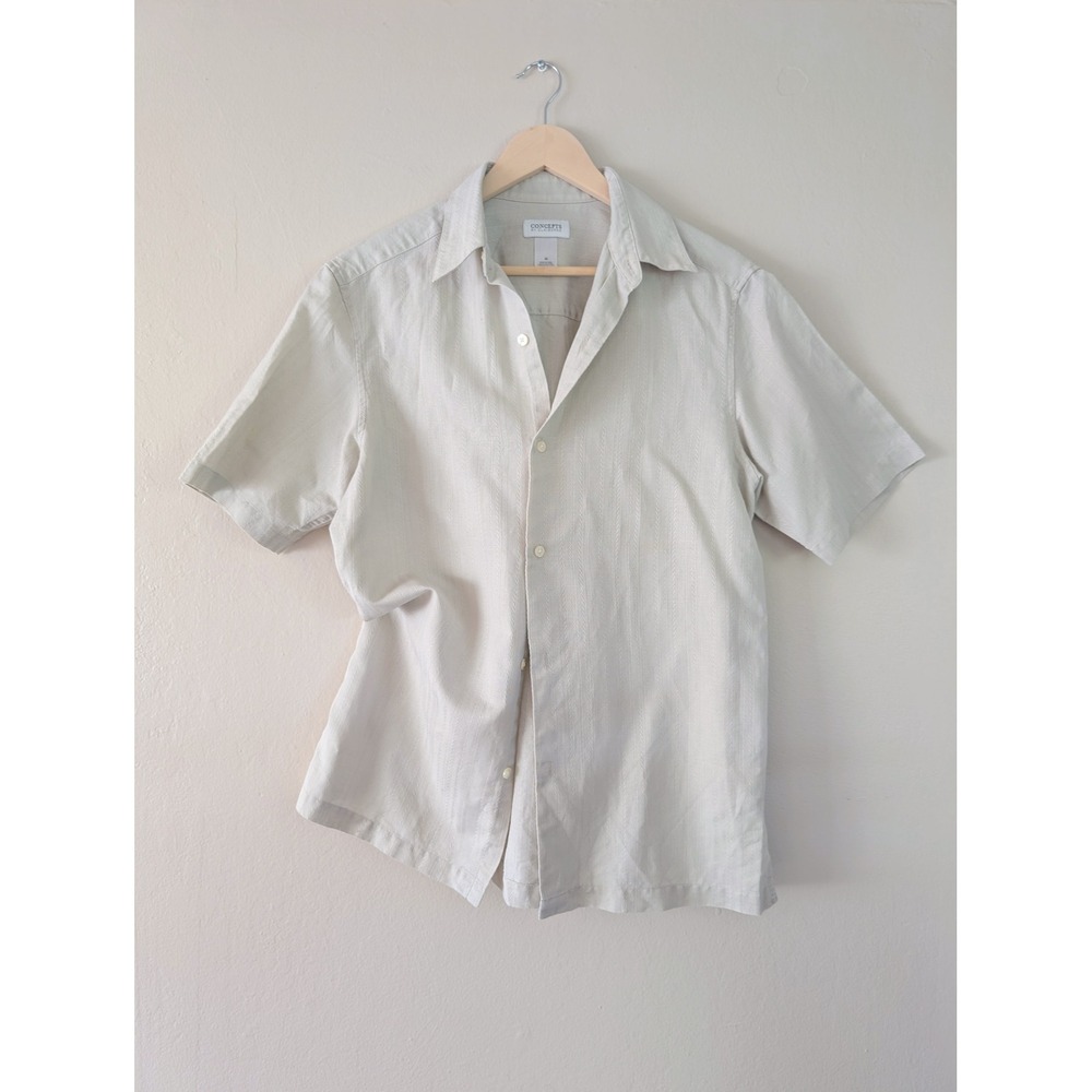Womens Beige Linen Cotton Textured Short Sleeve Shirt M Camp Summer Vacation